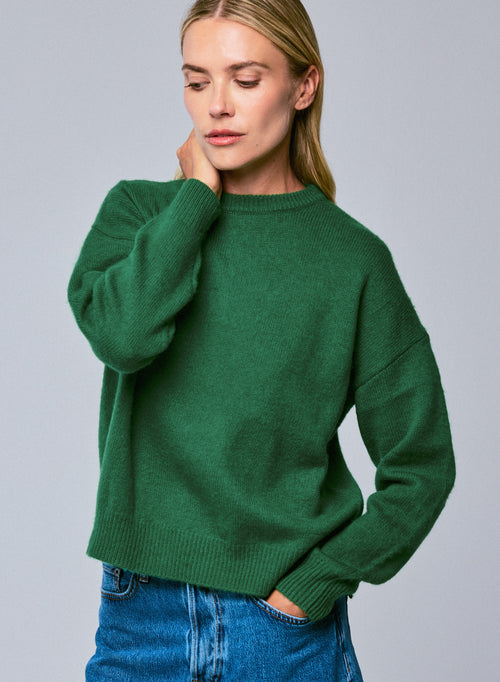Green round neck sweater with long sleeves in wool / cashmere - MAJESTIC FILATURES