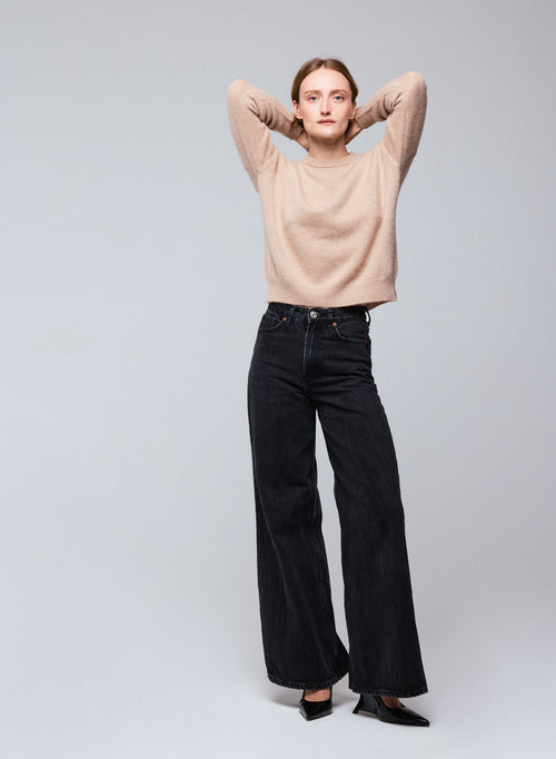 Jersey beige de cuello redondo y manga larga de lana / cachemir - MAJESTIC FILATURES