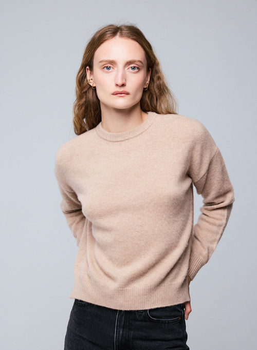 Beige round-neck sweater with long sleeves in wool / cashmere - MAJESTIC FILATURES