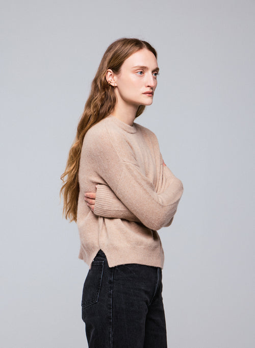 Jersey beige de cuello redondo y manga larga de lana / cachemir - MAJESTIC FILATURES