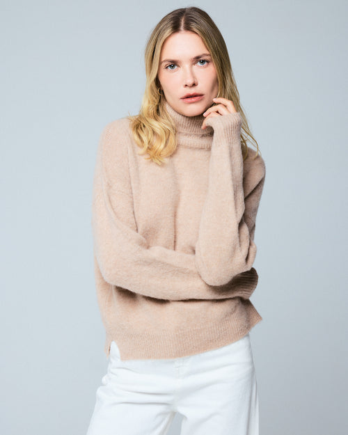 Pull Beige Col Roulé Manches Longues en Laine / Cachemire - MAJESTIC FILATURES