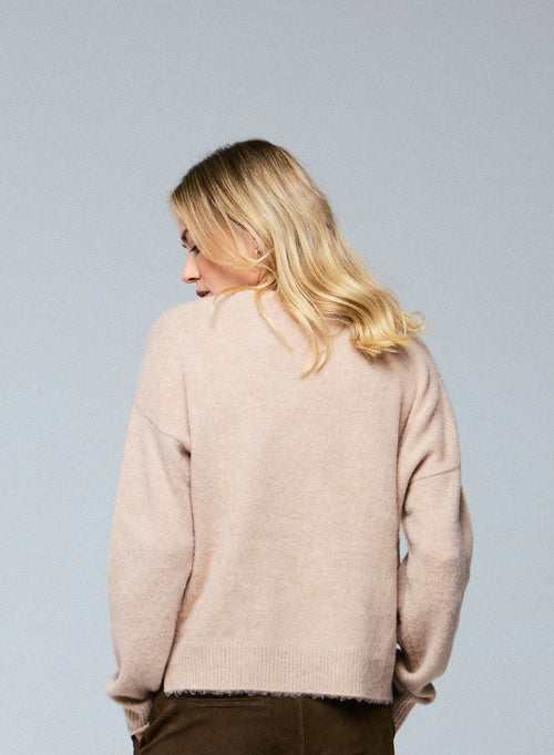 Beige V-neck sweater with long sleeves in wool / cashmere - MAJESTIC FILATURES