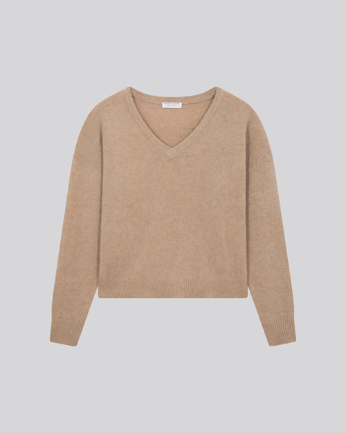 Beige V-neck sweater with long sleeves in wool / cashmere - MAJESTIC FILATURES