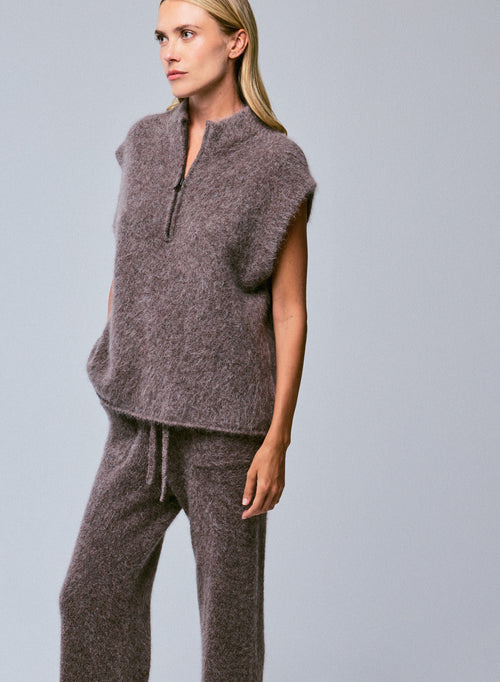 Pull Marron Col Montant Sans Manches en Alpaga / Polyamide / Elasthanne - MAJESTIC FILATURES