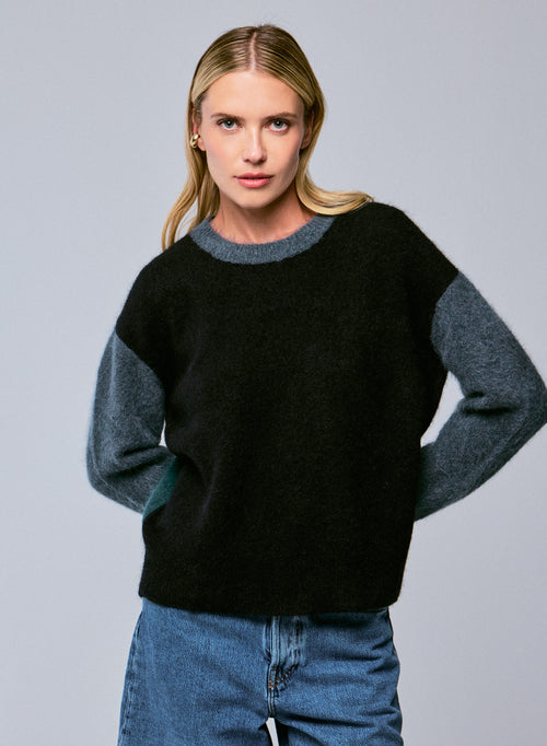 Pull Noir / Bleu Col Rond Manches Longues en Alpaga / Polyamide / Elasthanne - MAJESTIC FILATURES
