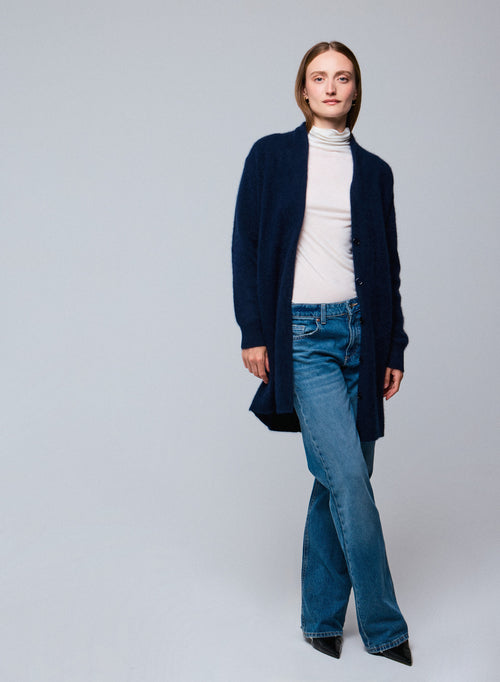 Cárdigan azul marino de manga larga en lana / zorro / poliamida - MAJESTIC FILATURES