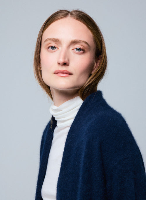 Cárdigan azul marino de manga larga en lana / zorro / poliamida - MAJESTIC FILATURES