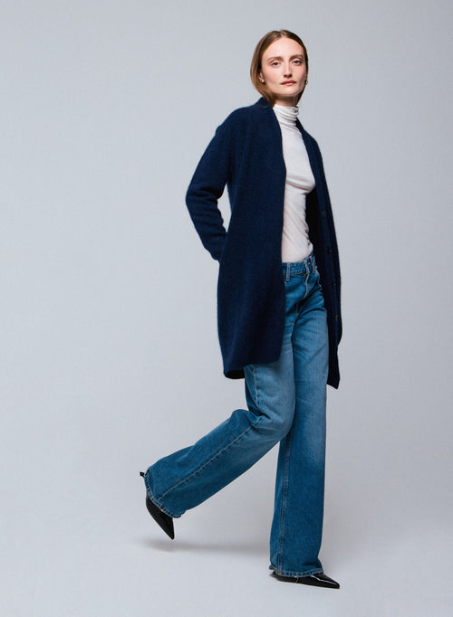 Cárdigan azul marino de manga larga en lana / zorro / poliamida - MAJESTIC FILATURES