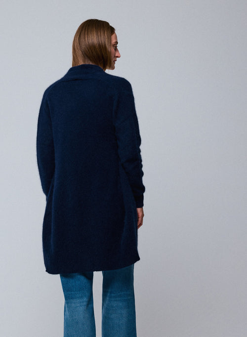 Cárdigan azul marino de manga larga en lana / zorro / poliamida - MAJESTIC FILATURES