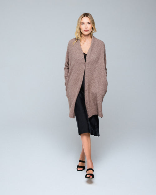 Beige cardigan with long sleeve shawl collar in wool / fox / polyamide - MAJESTIC FILATURES