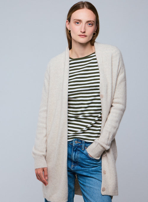 Gilet Écru Col Châle Manches Longues en Laine / Fox / Polyamide - MAJESTIC FILATURES