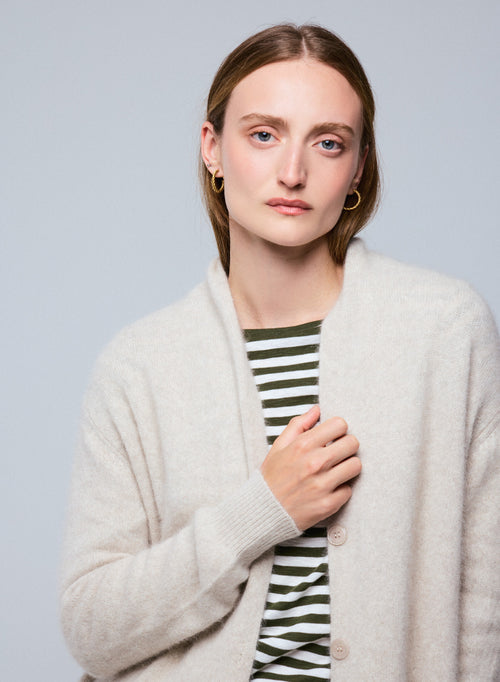 Gilet Écru Col Châle Manches Longues en Laine / Fox / Polyamide - MAJESTIC FILATURES