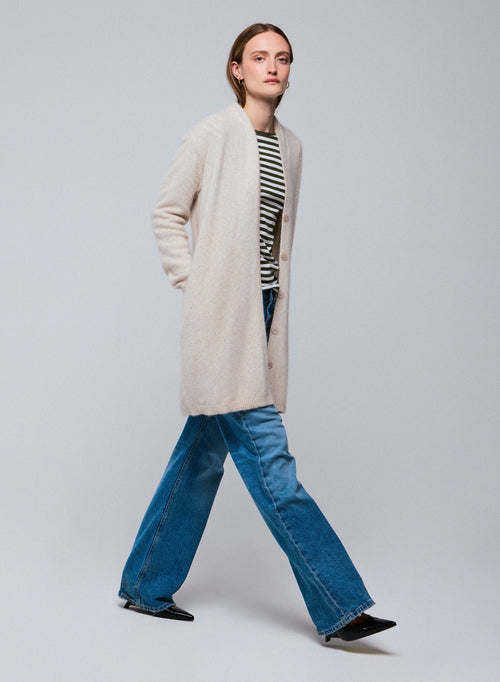 Gilet Écru Col Châle Manches Longues en Laine / Fox / Polyamide - MAJESTIC FILATURES