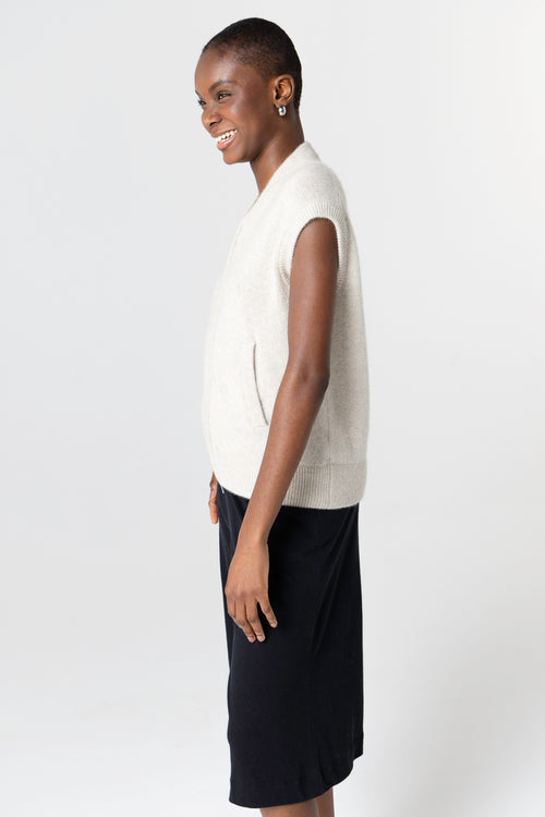 Gilet Beige Col Rond Sans Manches en Laine / Fox / Polyamide - MAJESTIC FILATURES