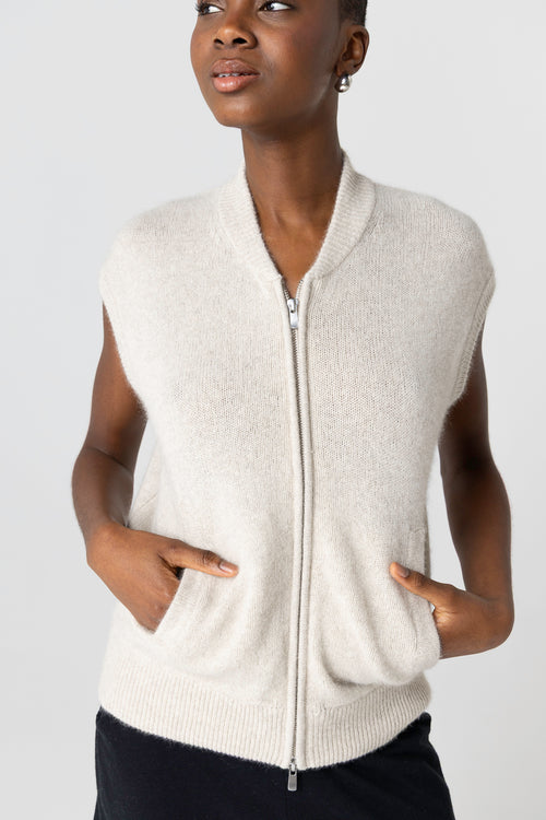 Gilet Beige Col Rond Sans Manches en Laine / Fox / Polyamide - MAJESTIC FILATURES