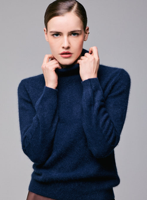 Pull Marine Col Roulé Manches Longues en Laine / Fox / Polyamide - MAJESTIC FILATURES