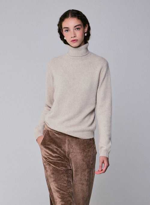 Pull Beige Col Roulé Manches Longues en Laine / Fox / Polyamide - MAJESTIC FILATURES