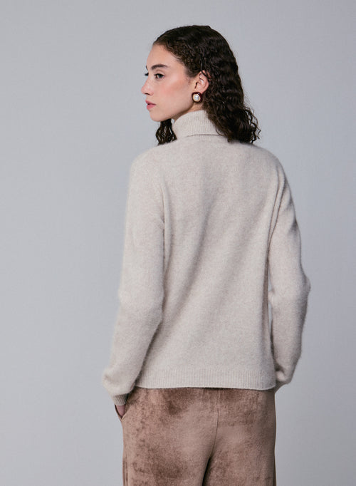 Pull Beige Col Roulé Manches Longues en Laine / Fox / Polyamide - MAJESTIC FILATURES