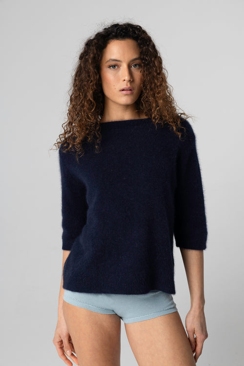 Pull Marine Col Bateau Manches Coudes en Laine / Fox / Polyamide - MAJESTIC FILATURES