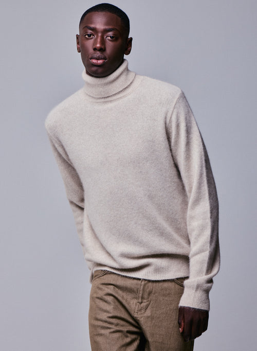 Pull Beige Col Roulé Manches Longues en Laine / Fox / Polyamide - MAJESTIC FILATURES