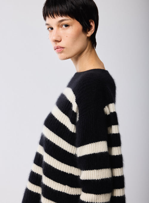 Pull Marinière Noir / Beige Col Rond Manches Longues en Laine / Fox / Polyamide - MAJESTIC FILATURES