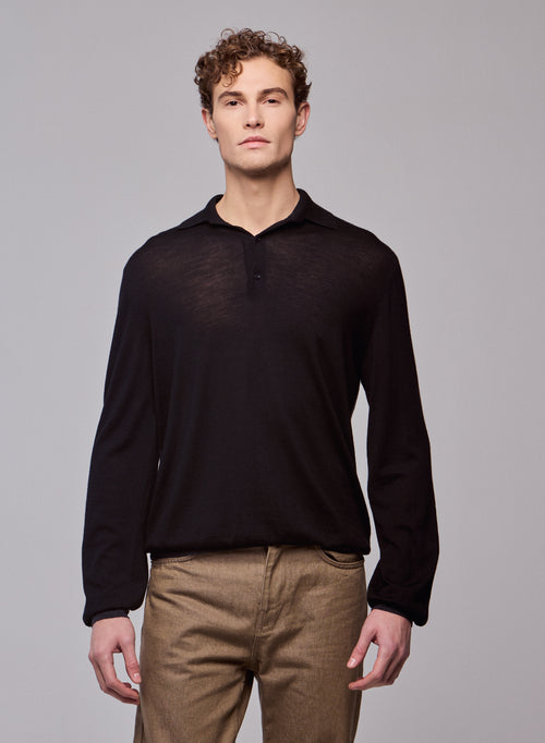 Polo negro / gris Polo de lana merino de manga larga - MAJESTIC FILATURES