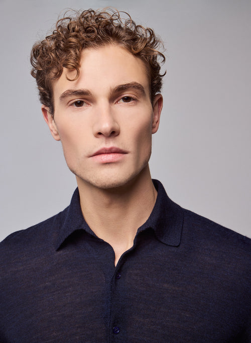 Marineblaues Poloshirt Langarm Merinowolle - MAJESTIC FILATURES