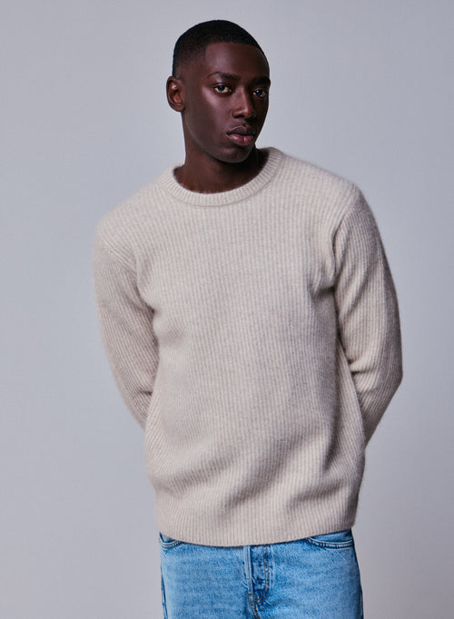 Beige round-neck sweater with long sleeves in wool / Fox / Polyamide - MAJESTIC FILATURES