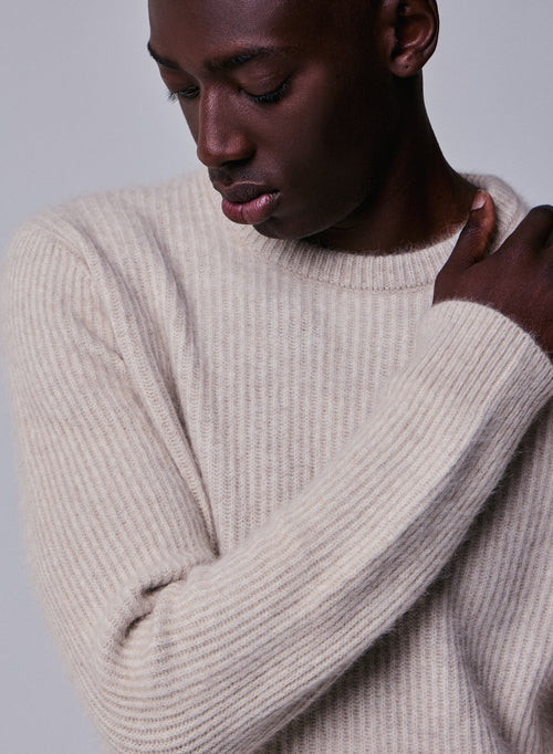 Beige round-neck sweater with long sleeves in wool / Fox / Polyamide - MAJESTIC FILATURES