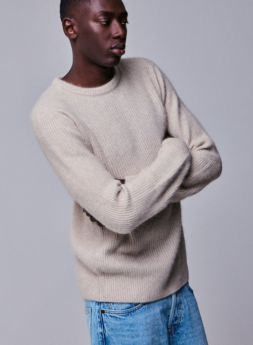 Beige round-neck sweater with long sleeves in wool / Fox / Polyamide - MAJESTIC FILATURES
