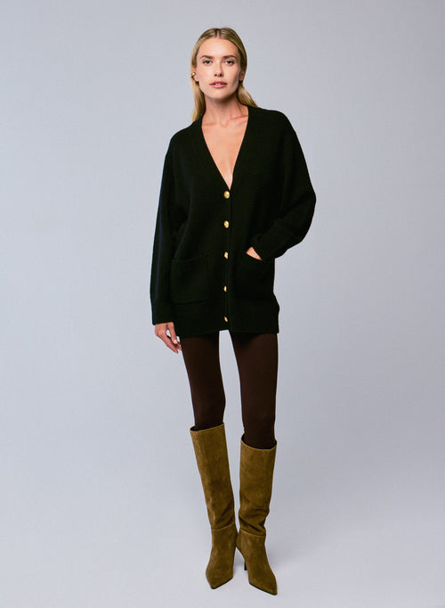 Gilet Noir Col V Manches Longues en Laine / Cachemire - MAJESTIC FILATURES