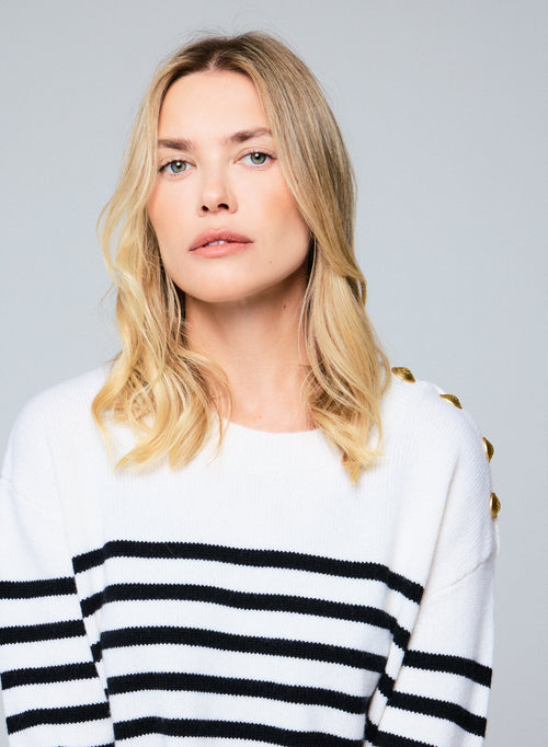 Beige / Black Round Neck Long Sleeve Wool / Cashmere Sweater - MAJESTIC FILATURES