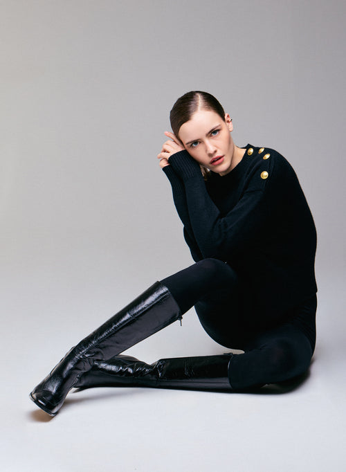 Schwarzer Rundhalspullover mit langen Ärmeln aus Wolle / Kaschmir - MAJESTIC FILATURES