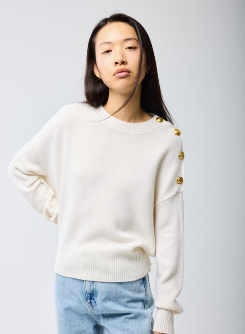 Weiß Pullover Rundhals Lange Ärmel Wolle Kaschmir - MAJESTIC FILATURES