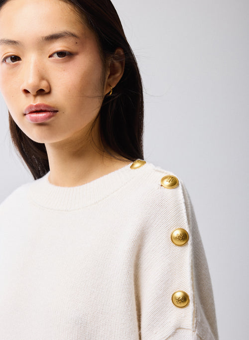 Weiß Pullover Rundhals Lange Ärmel Wolle Kaschmir - MAJESTIC FILATURES