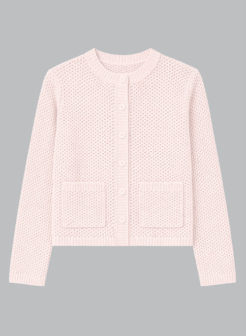 Langärmelige Strickjacke mit Rundhalsausschnitt aus Baumwolle in Rosenblüte - MAJESTIC FILATURES