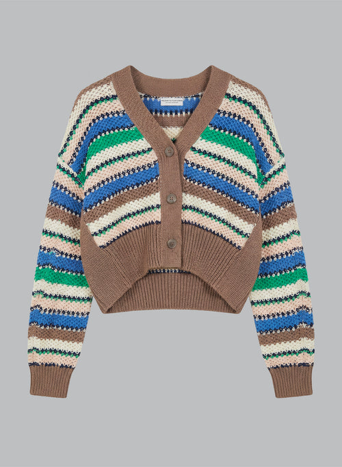 Chaleco a rayas multicolor con cuello en V y mangas largas de algodón - MAJESTIC FILATURES