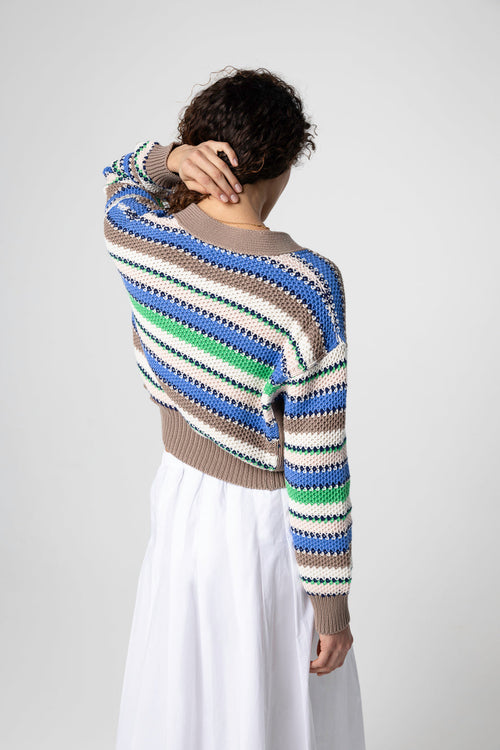 Gilet Rayé Multicouleur Col V Manches Longues en Coton - MAJESTIC FILATURES