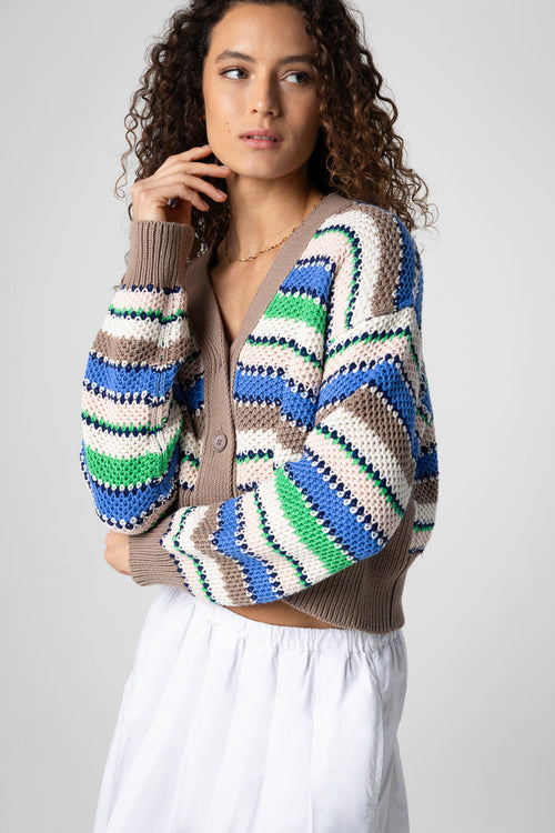 Gilet Rayé Multicouleur Col V Manches Longues en Coton - MAJESTIC FILATURES