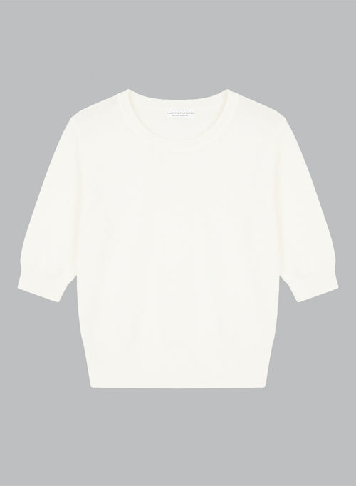 Jersey blanco de cuello redondo y mangas codos de lana merino extrafina. - MAJESTIC FILATURES