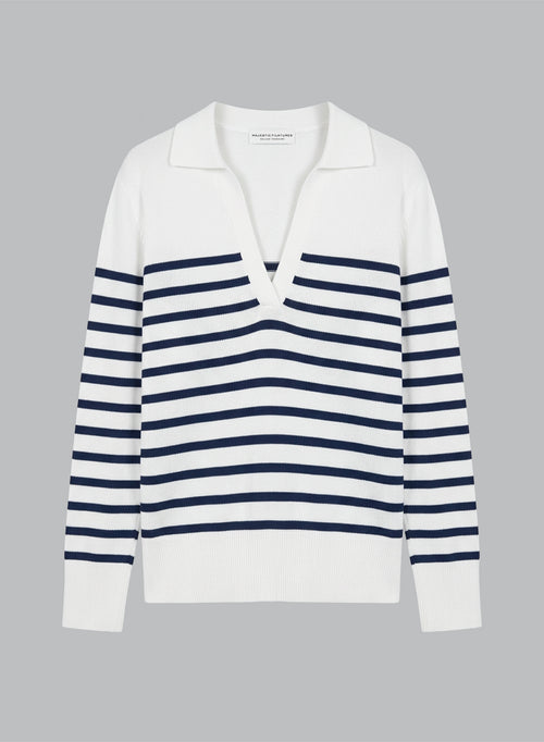 Polo Rayé Bleu Manches Trois quarts en Lin - MAJESTIC FILATURES