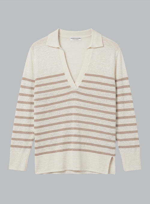 Gestreiftes Polohemd mit Dreiviertelärmeln aus Leinen in Wüstensandfarbe - MAJESTIC FILATURES