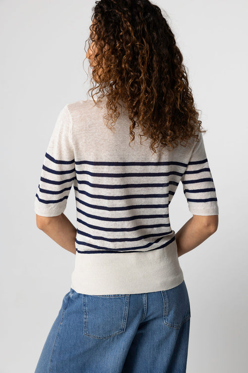 Pullover Blue Moon Gestreift Rundhalsausschnitt Ärmel Ellbogen aus Leinen - MAJESTIC FILATURES