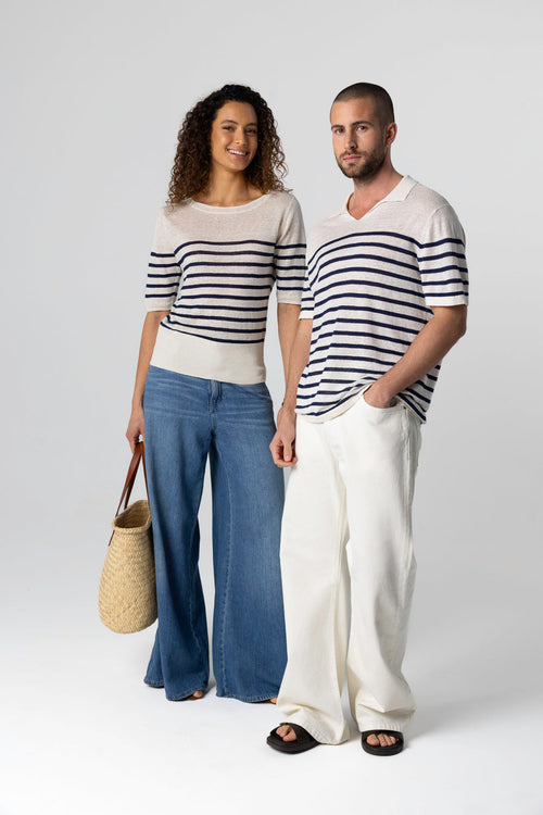 Pullover Blue Moon Gestreift Rundhalsausschnitt Ärmel Ellbogen aus Leinen - MAJESTIC FILATURES