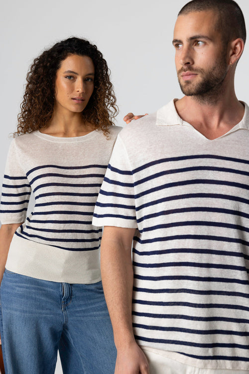 Pullover Blue Moon Gestreift Rundhalsausschnitt Ärmel Ellbogen aus Leinen - MAJESTIC FILATURES