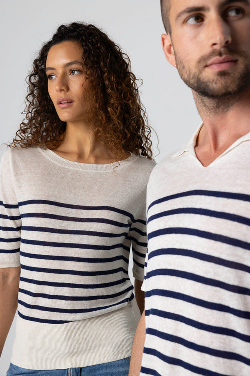 Pullover Blue Moon Gestreift Rundhalsausschnitt Ärmel Ellbogen aus Leinen - MAJESTIC FILATURES