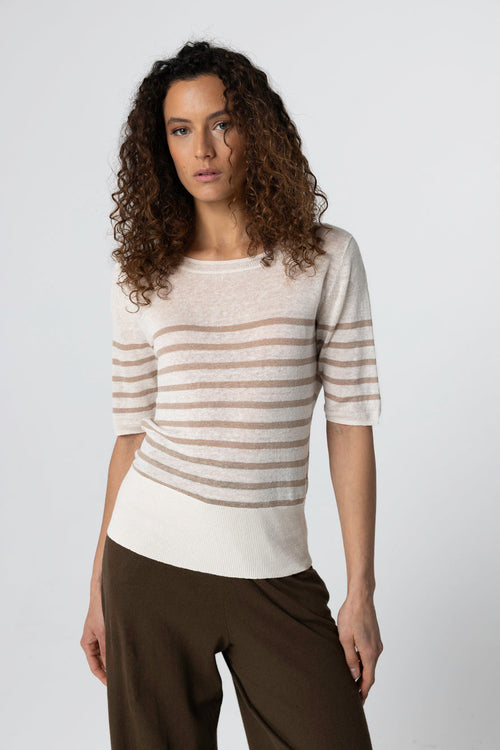 Pull Désert Rayé Col Rond Manches Coudes en Lin - MAJESTIC FILATURES