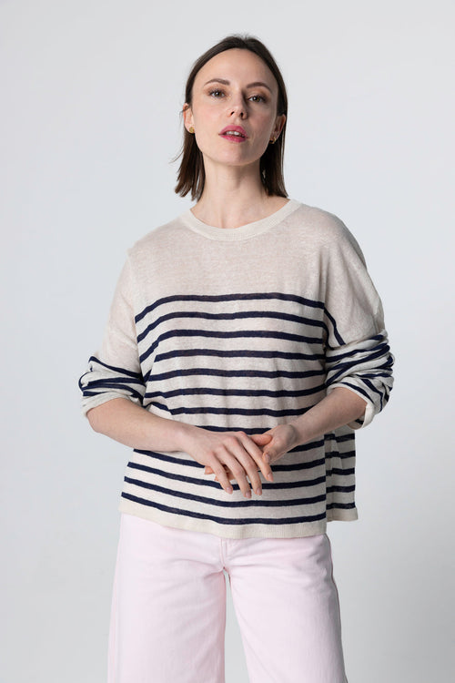 Pull Blue Moon Rayé Col Rond Manches Longues en Lin - MAJESTIC FILATURES