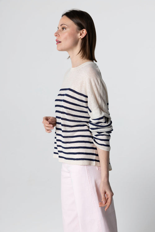 Pull Blue Moon Rayé Col Rond Manches Longues en Lin - MAJESTIC FILATURES