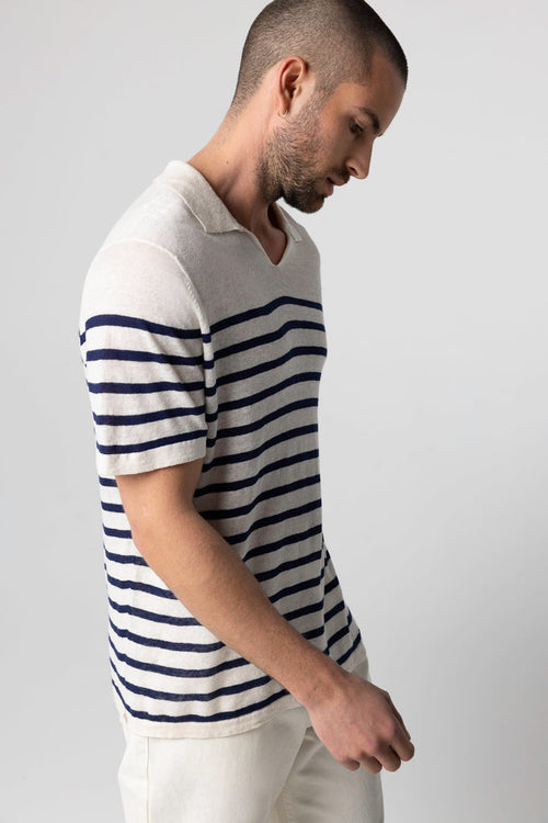 Polo Blue Moon à rayures Blanches Manches Courtes en Lin - MAJESTIC FILATURES